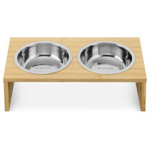 Navaris 2-pack elevated pet bowl set with bamboo stand, stainless steel bowls, 400 ml capacity