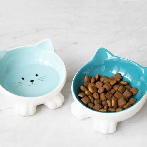 Navaris ceramic cat food and water bowl, set of 2, blue and green, with cat face design, non-slip feet