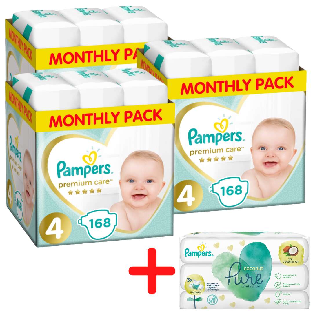 Pampers Premium Care havi Pelenkacsomag 9-14kg Maxi 4 (3x168db) + Pampers Coco Pure nedves Törlőkendő (3x42db)