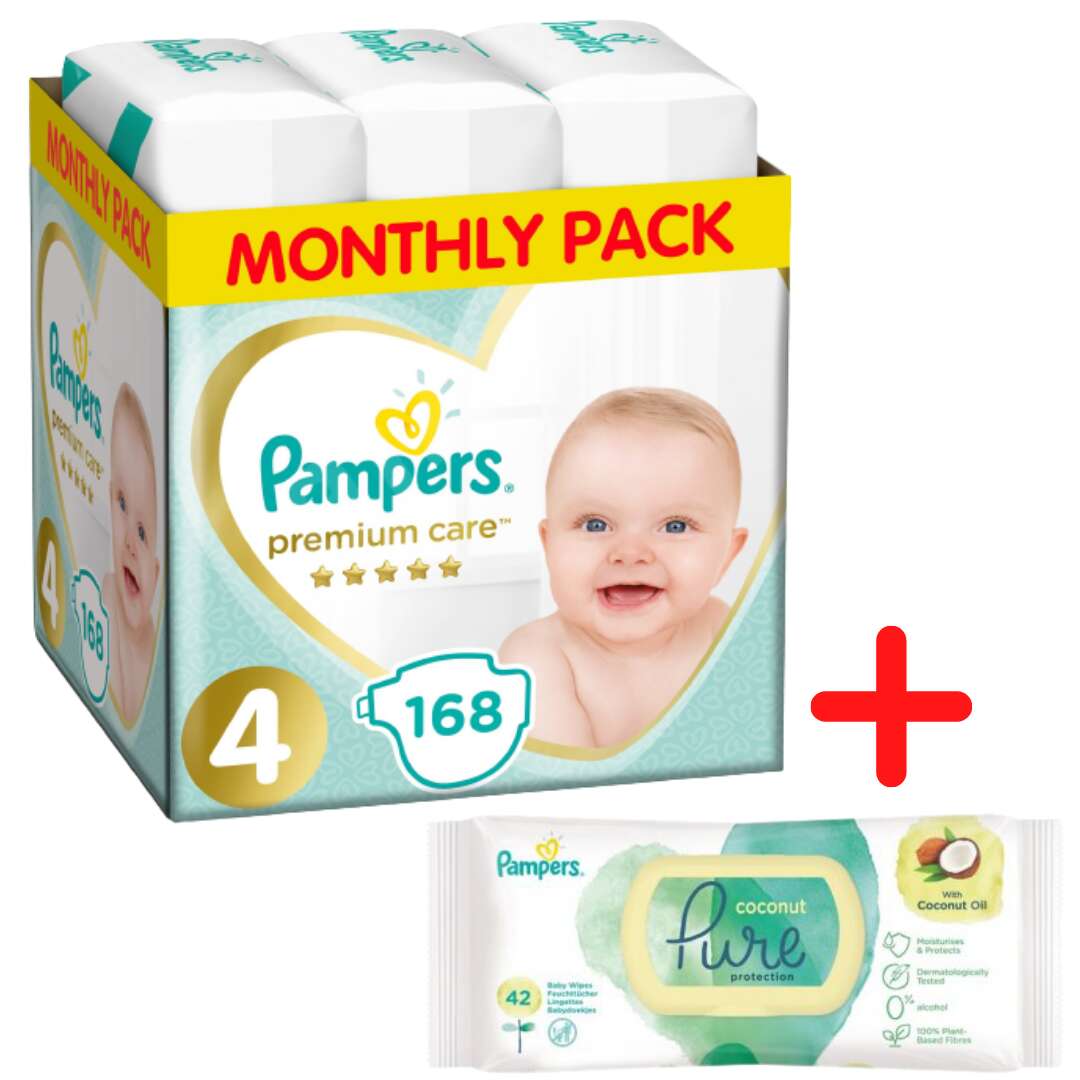 Pampers Premium Care havi Pelenkacsomag 9-14kg Maxi 4 (168db) + Pampers Coco Pure nedves Törlőkendő (42db)