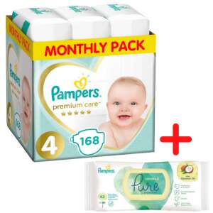 Pampers Premium Care havi Pelenkacsomag 9-14kg Maxi 4 (168db) + Pampers Coco Pure nedves Törlőkendő (42db)