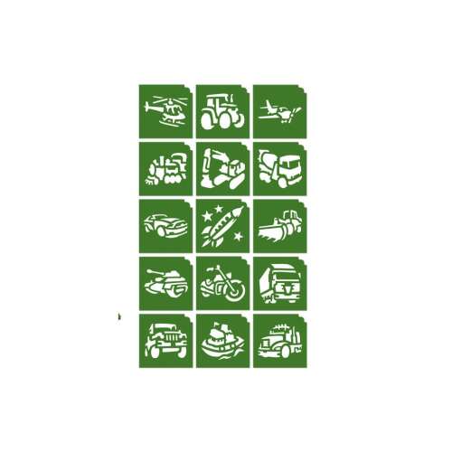 TyToo Járművek Csillámtetoválás sablonlap helikopter, traktor, repülőgép, vonat, kotrógép, teherautó, autó, rakéta, buldózer, tank, motorkerékpár, dzsip, hajó és kamion mintákkal
