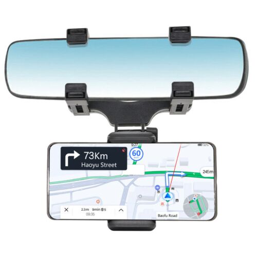 Univerzális autós telefontartó visszapillantó tükörre szerelve, navigációs alkalmazást mutatva