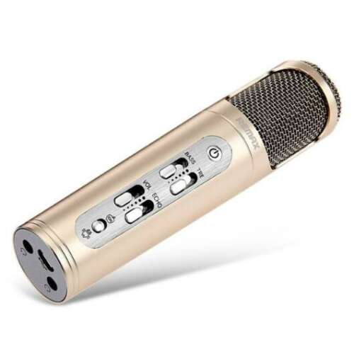 Remax K02 vezeték nélküli mikrofon arany színben, hangerő, basszus, visszhang és rendszerkapcsoló vezérlőkkel
