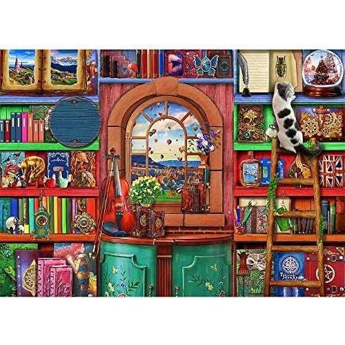 SilverHome 1000 darabos kirakós játék, könyvespolc macskával és ablak kilátással