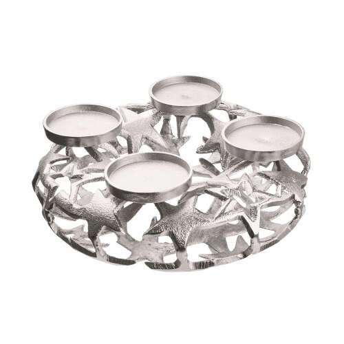 Ezüst adventi koszorú csillag mintával, 30 cm átmérőjű, 4 gyertyához