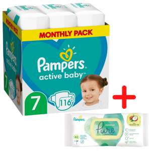 Pampers Active Baby havi Pelenkacsomag 15kg+ Junior 7 (116db) + Pampers Coco Pure nedves Törlőkendő (42db)