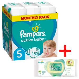 Pampers Active Baby havi Pelenkacsomag 11-16kg Junior 5 (150db) + Pampers Coco Pure nedves Törlőkendő (42db)