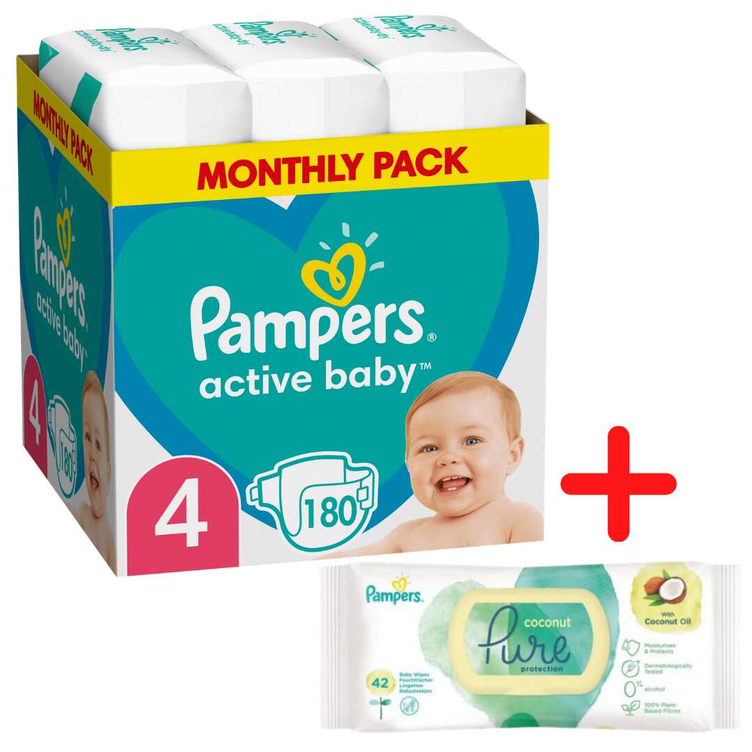 Pampers Active Baby havi Pelenkacsomag 9-14kg Maxi 4 (180db) + Pampers Coco Pure nedves Törlőkendő (42db)