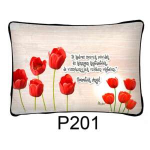 Díszpárna "A kedves szavak, rövidek is könnyen bajbaesők, de visszhangjuk valóban végtelen Szeretlek Anya!" idézettel és tulipánokkal - Díszpárna