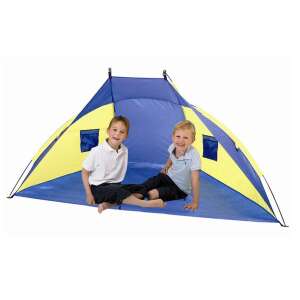 Слънцезащитен шатър Iplay за деца, жълт и син, две деца седят вътре - Надуваема игра и игра на плажа