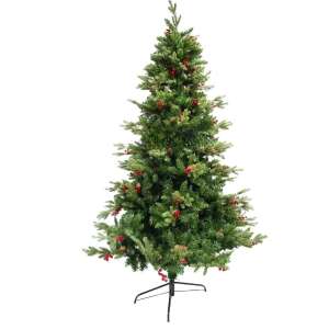 120 см зелена изкуствена коледна елха с червени плодове и борови шишарки, марка Flippy, включен метален стойка - Flippy