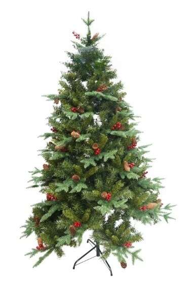 Green Flippy Artificial Christmas Tree, 180 cm high, 115 cm diameter, wall/corner adjustable, with 56 red pine cone ornaments, 774 branches, metal stand