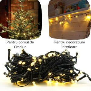 Collage of Yoto Christmas string lights: close-up of the lights, on a Christmas tree, and decorating a shelf - Flippy String Light