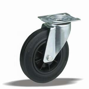 150mm swivel caster wheel with black rubber tire, zinc-plated steel fork, and roller bearing - Industrial Wheels & Castor