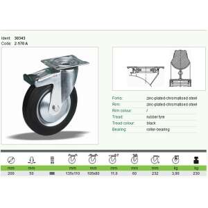 Swivel caster with brake, 200mm diameter, rubber tire, zinc-plated steel, 30343 - Industrial Wheels & Castor