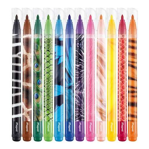 Set de 12 pixuri cu vârf de pâslă lavabile, MAPED Color`Peps Animals, cu imprimeuri cu animale