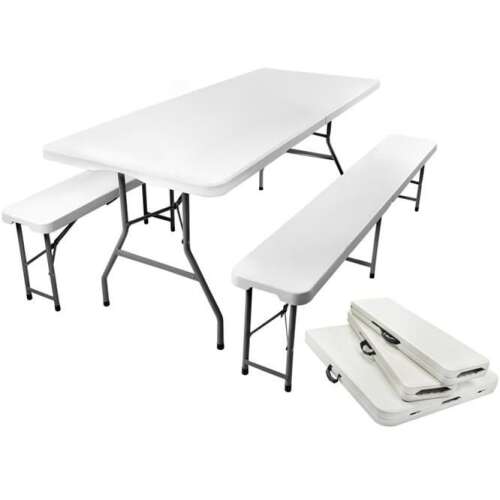 Malatec Prémium Klappbarer Gartentisch mit 2 Bänken, 180cm, weiß