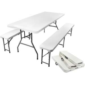 Masă de grădină pliabilă Malatec Prémium cu 2 bănci, 180cm, alb - Seturi mobila gradina