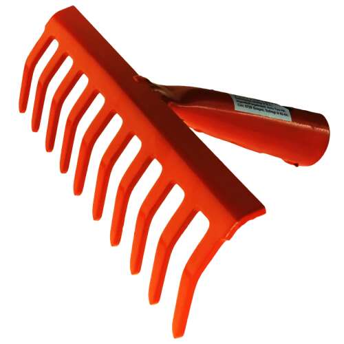 Orange garden rake with a short handle
