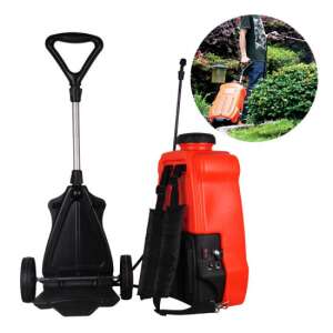 Agrimotor SX-MD 20E battery powered wheeled sprayer, orange, with backpack straps and wheels, shown in use and as a standalone product - Sprayer