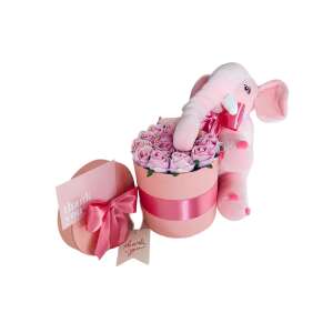 Rózsaszín elefánt plüssjáték rózsaszín ajándékdobozon ül, benne örök rózsákkal, Szelesztína márka - Ajándék ötlet Valentin-napra