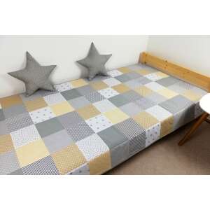 Szürke és sárga patchwork ágytakaró csillagokkal, tökéletes a gyerekszobába - Ágytakaró