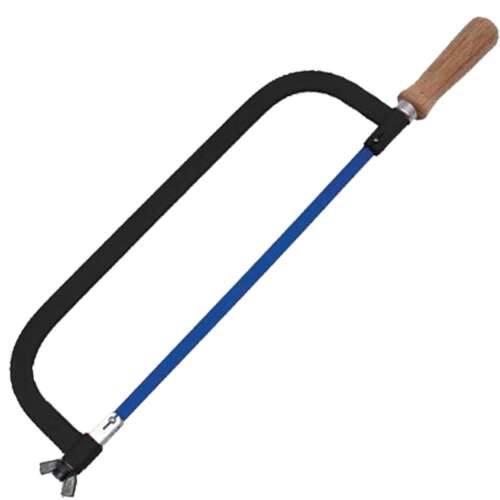 Metal hacksaw frame, blue and black, with wooden handle