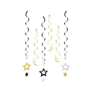 Glitter Stars Hängedekor, schwarze, goldene und silberne Sterne mit schwarzen und goldenen Bändern - Partydeko