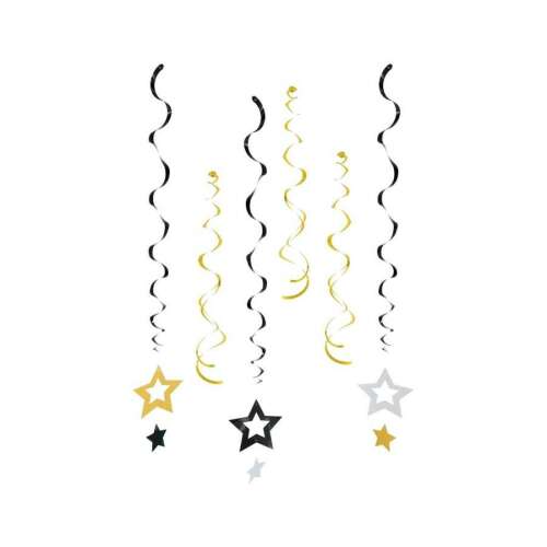Glitter Stars Hängedekor, schwarze, goldene und silberne Sterne mit schwarzen und goldenen Bändern