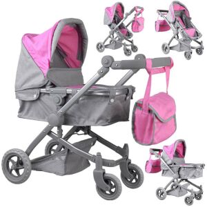 Kollázs szürke és rózsaszín 2 az 1-ben játék babakocsiról táskával - Ramiz