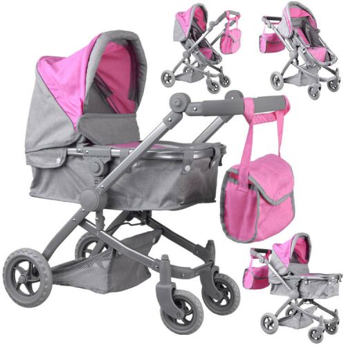 Kollázs szürke és rózsaszín 2 az 1-ben játék babakocsiról táskával