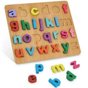 Fa oktató formaválogató színes puzzle kirakó kis betűk fa táblán 26 db-os 84595537 