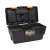 Black plastic tool box with orange handle, open, showing removable tray and compartments