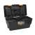 Handy 12 plastic tool case, black and orange, open, showing interior compartments