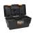Black plastic tool box with orange handle, open, showing removable tray and compartments