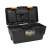 Black plastic tool box with orange handle, open, showing removable tray and compartments