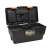 Black plastic tool box with orange handle, open, showing removable tray and compartments