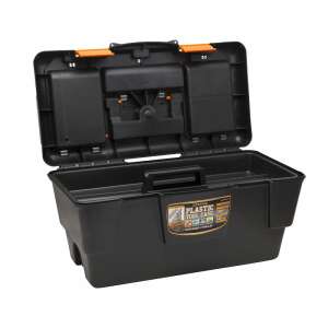 Handy 12 plastic tool case, black and orange, open, showing interior compartments - Handy