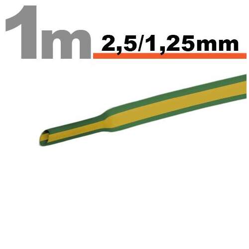 1 méteres zöld-sárga zsugorcső, 2,5 mm külső átmérő, 1,25 mm belső átmérő