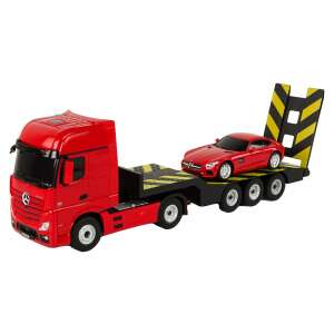 Czerwony ciężarowy Mercedes-Benz Actros z czerwonym samochodem Mercedes-AMG GT na przyczepie - Pojazd zdalnie sterowany