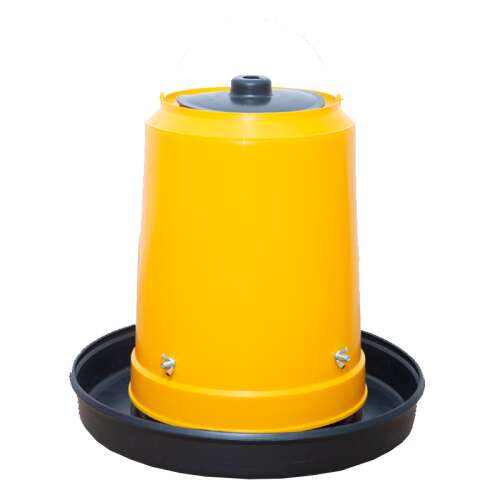 Yellow plastic chicken feeder with a black base, 20 liter capacity