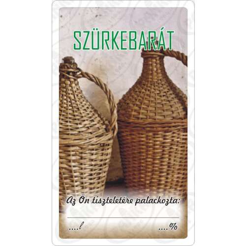 Szürkebarát bottle label, two wicker bottles