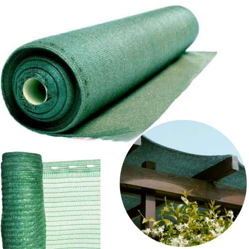 Ultralighttex Rachel shade net, 1.5 x 50m, 30% shade, green, rolled up, with usage examples