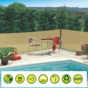Sand colored shade net for privacy and sun protection, installed on a fence near a pool, with a table and chairs in the foreground - Shade Net
