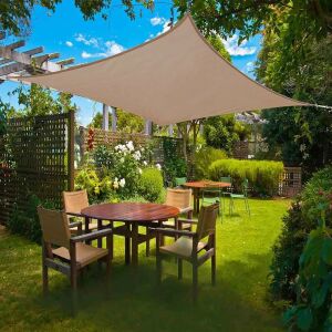 Braunes, quadratisches Sonnensegel, das Schatten über dem Essbereich im Freien spendet. - Garten