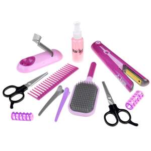 Beauty Salon Deluxe Styling Set hair salon playset for kids with hair straightener, brush, comb, scissors, hair gel, rollers, clips - Vanity Table, Makeup Set, Fragrance
