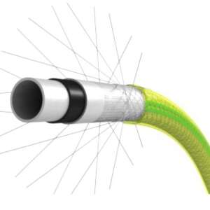 Cross-section of Tricotex Universal garden hose, showing the layers of construction: food-grade white inner layer, black rubber layer, white intermediate layer, yellow intermediate layer, braided textile, transparent outer layer - Irrigation