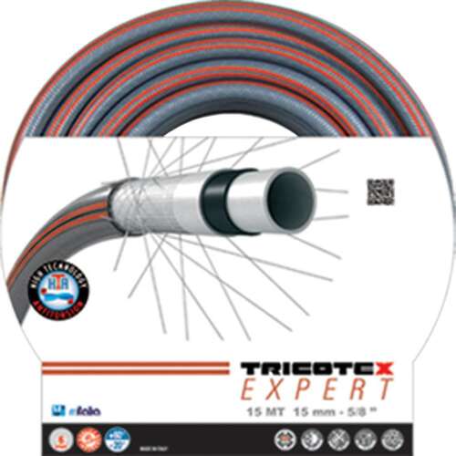 Градински маркуч Tricotex Expert 15m, 15mm, 5/8 инча, устойчив на усукване, подсилен, високо налягане, маркуч за вода
