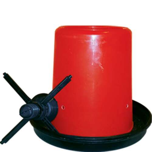 Red plastic chicken feeder with a black base and a rotating lid